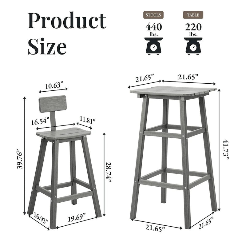 3-Piece HDPE Square High Outdoor Serving Bar Set