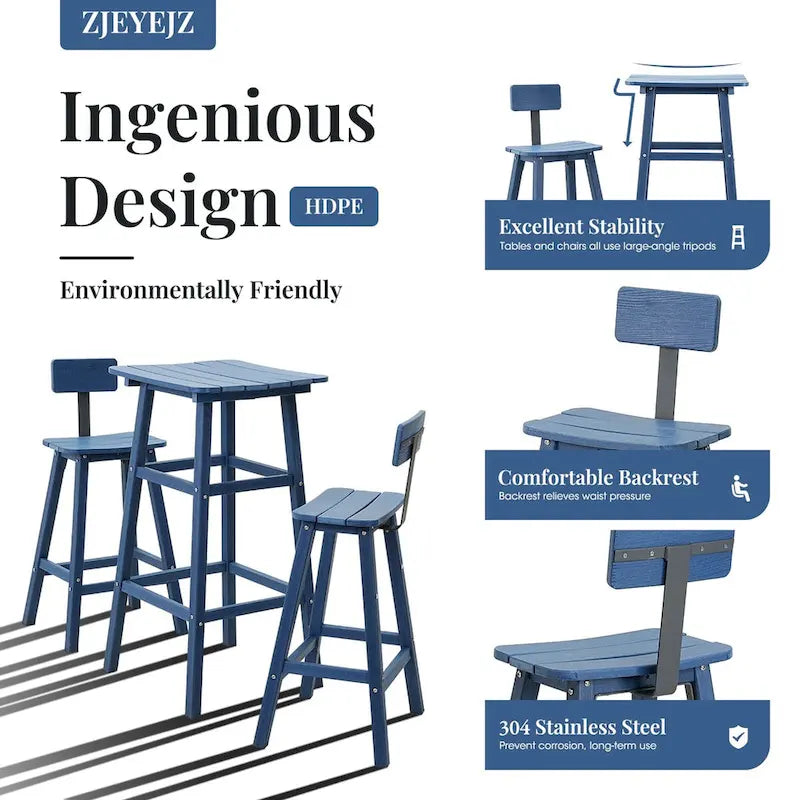 3-Piece HDPE Square High Outdoor Serving Bar Set