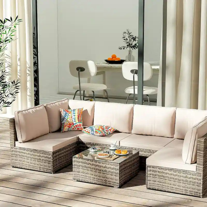 Light Brown 7-Piece Wicker Outdoor Sectional Set Patio Sofa Set with Beige Cushions and Coffee Table