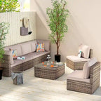 Light Brown 7-Piece Wicker Outdoor Sectional Set Patio Sofa Set with Beige Cushions and Coffee Table
