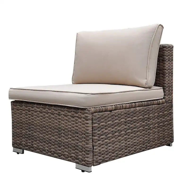 Light Brown 7-Piece Wicker Outdoor Sectional Set Patio Sofa Set with Beige Cushions and Coffee Table