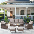 High Back Sofa and 2 Chairs, 2 Ottomans Coffee Table - Brown