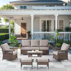High Back Sofa and 2 Chairs, 2 Ottomans Coffee Table - Brown