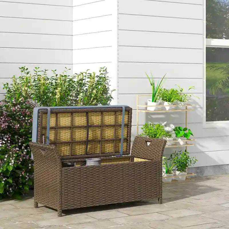 27 Gallon 2-In-1 Patio Wicker Storage Bench with Handles and Cushion
