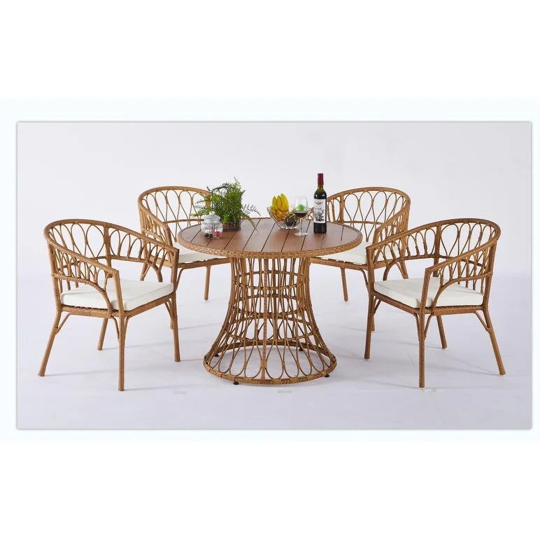Outdoor dining simple bamboo chair table , PE ratten round table 110CM plastic wood top