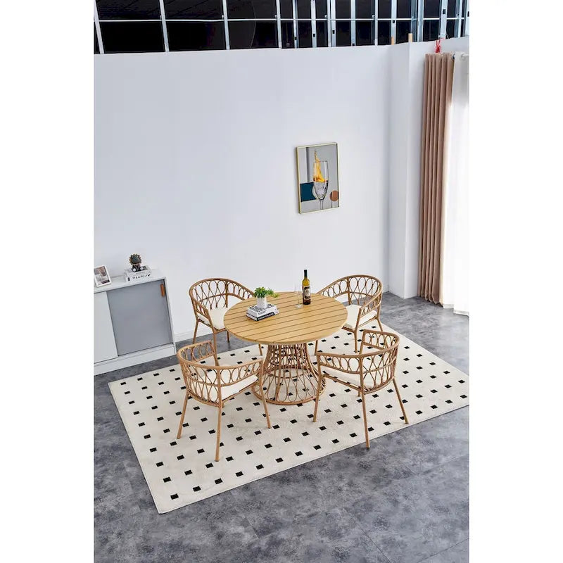 Outdoor dining simple bamboo chair table , PE ratten round table 110CM plastic wood top