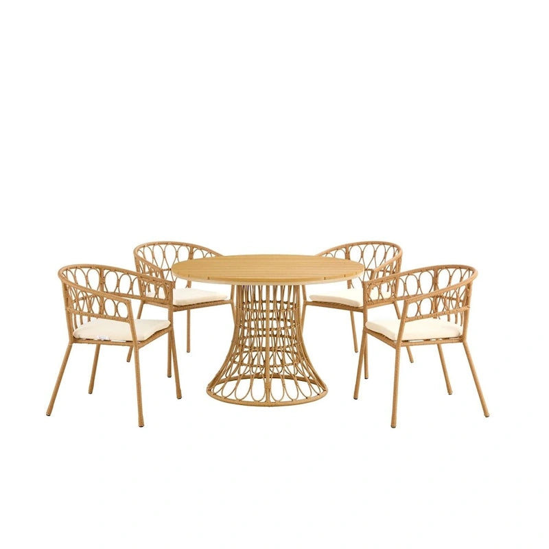 Outdoor dining simple bamboo chair table , PE ratten round table 110CM plastic wood top
