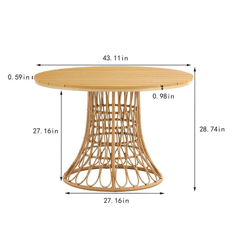 Outdoor dining simple bamboo chair table , PE ratten round table 110CM plastic wood top