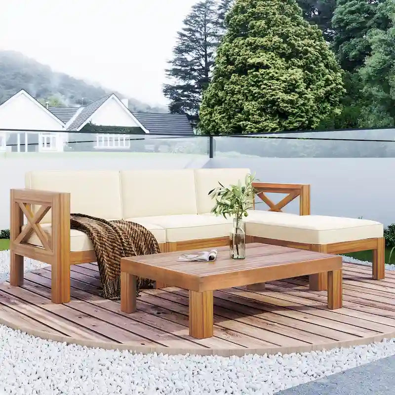 Natural Acacia Wood 5-Piece Outdoor Sectional Sofa Set with Water-resistant Fabric
