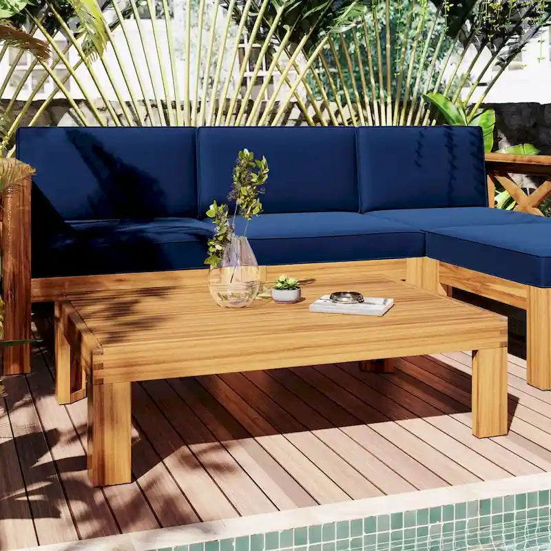 Natural Acacia Wood 5-Piece Outdoor Sectional Sofa Set with Water-resistant Fabric
