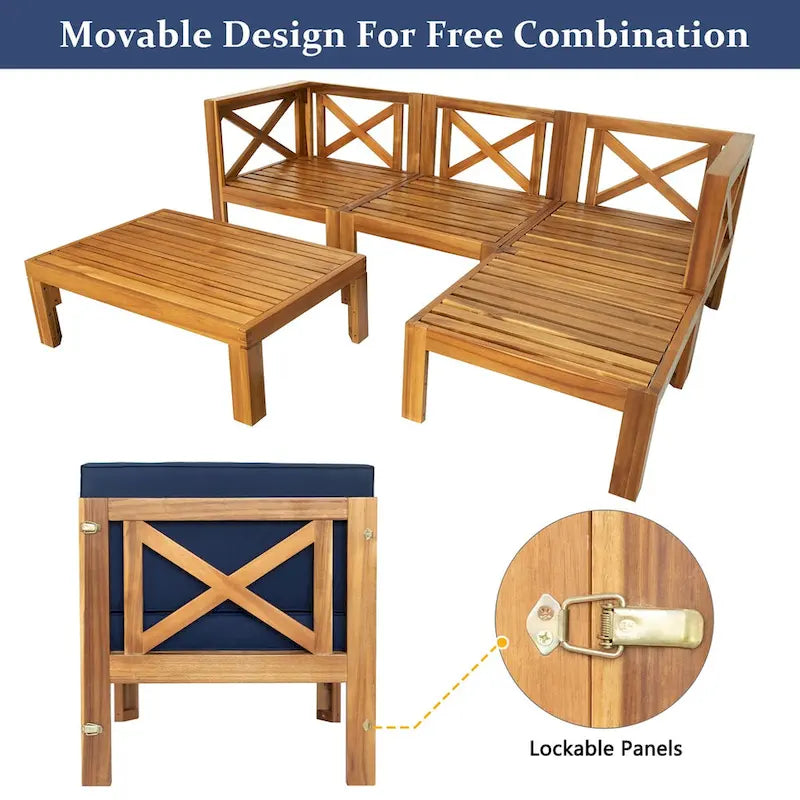 Natural Acacia Wood 5-Piece Outdoor Sectional Sofa Set with Water-resistant Fabric