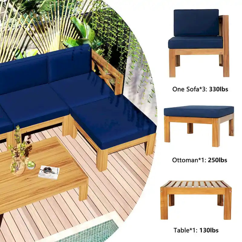 Natural Acacia Wood 5-Piece Outdoor Sectional Sofa Set with Water-resistant Fabric