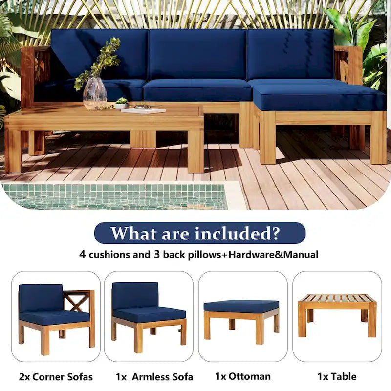 Natural Acacia Wood 5-Piece Outdoor Sectional Sofa Set with Water-resistant Fabric