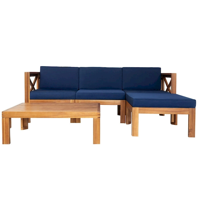 Natural Acacia Wood 5-Piece Outdoor Sectional Sofa Set with Water-resistant Fabric