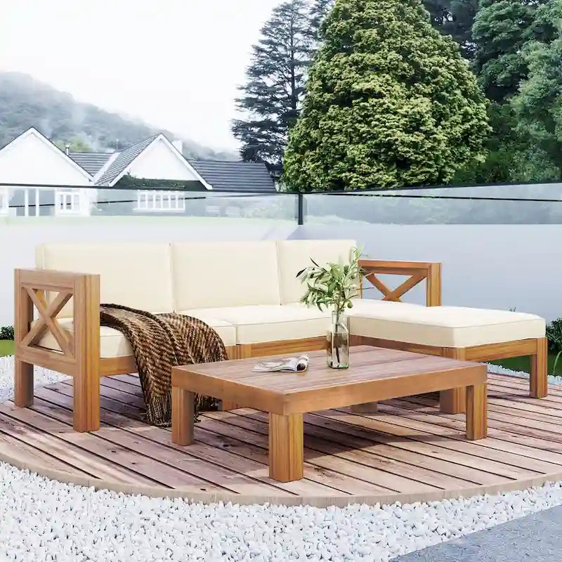 Natural Acacia Wood 5-Piece Outdoor Sectional Sofa Set with Water-resistant Fabric
