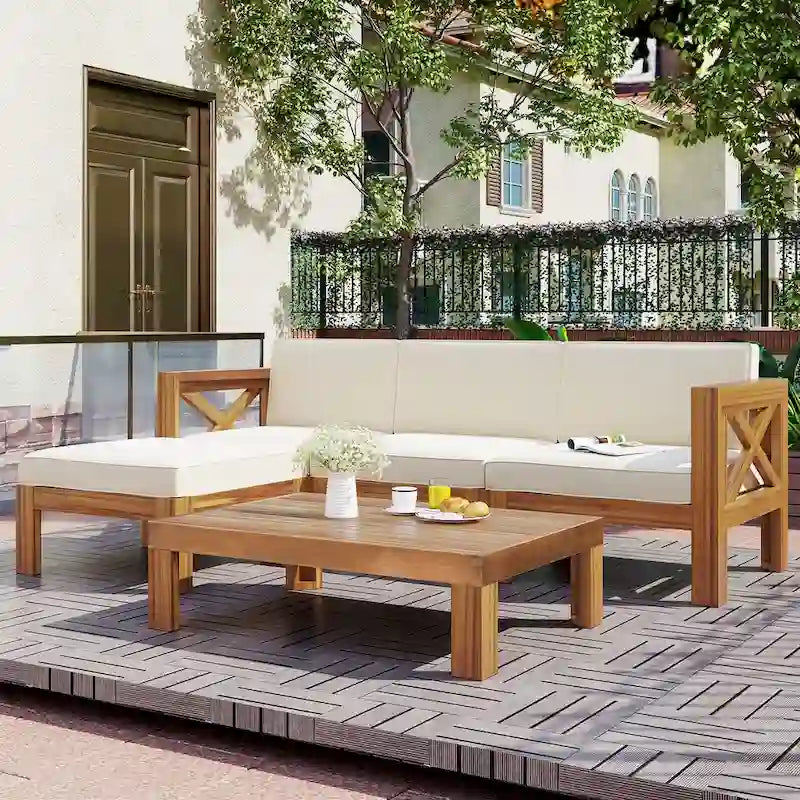 Natural Acacia Wood 5-Piece Outdoor Sectional Sofa Set with Water-resistant Fabric