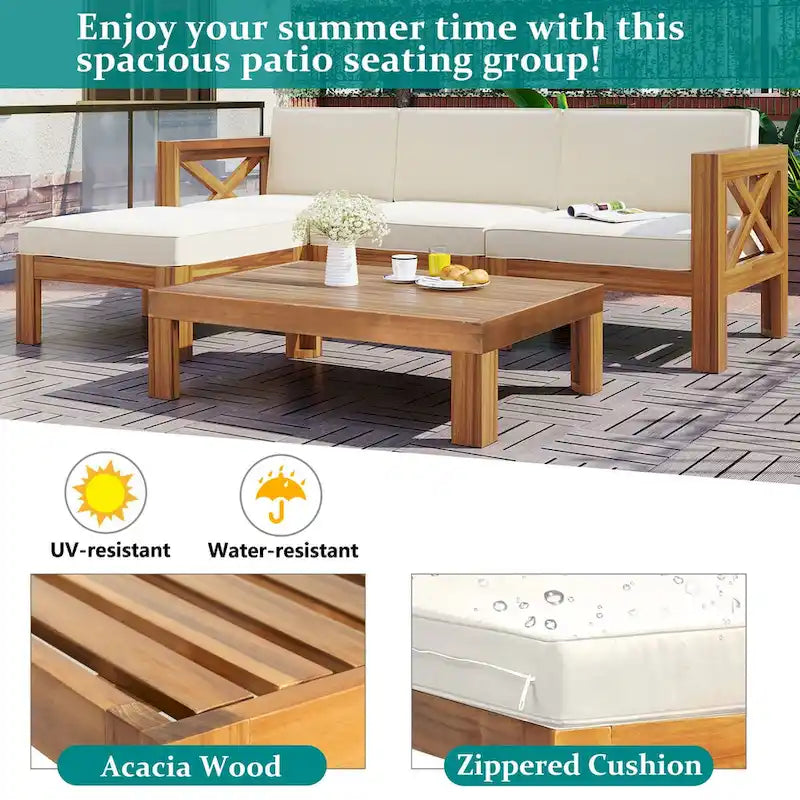Natural Acacia Wood 5-Piece Outdoor Sectional Sofa Set with Water-resistant Fabric