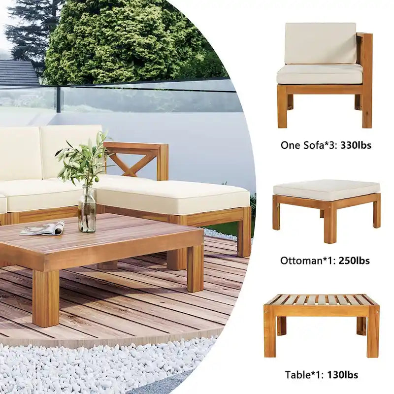 Natural Acacia Wood 5-Piece Outdoor Sectional Sofa Set with Water-resistant Fabric