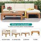 Natural Acacia Wood 5-Piece Outdoor Sectional Sofa Set with Water-resistant Fabric
