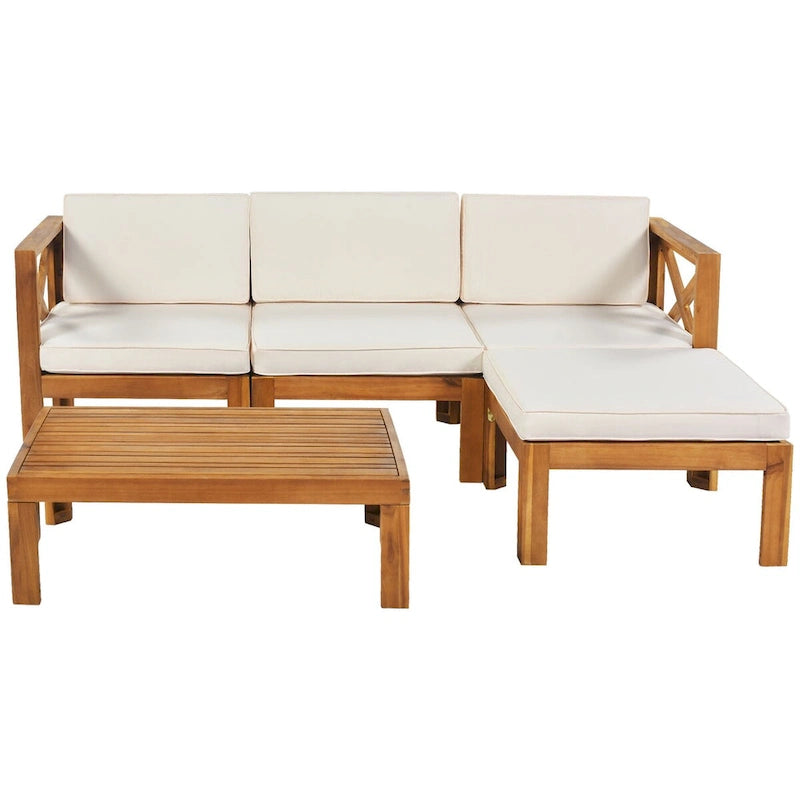 Natural Acacia Wood 5-Piece Outdoor Sectional Sofa Set with Water-resistant Fabric