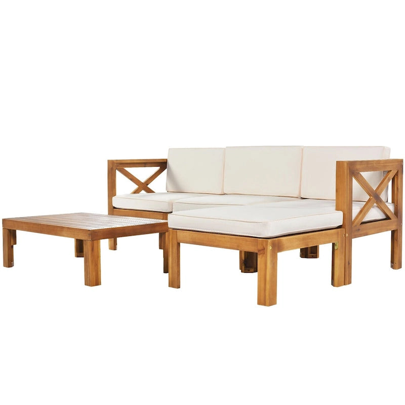 Natural Acacia Wood 5-Piece Outdoor Sectional Sofa Set with Water-resistant Fabric