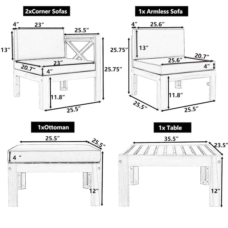 Outdoor Wood Sectional Sofa Set with Cushions