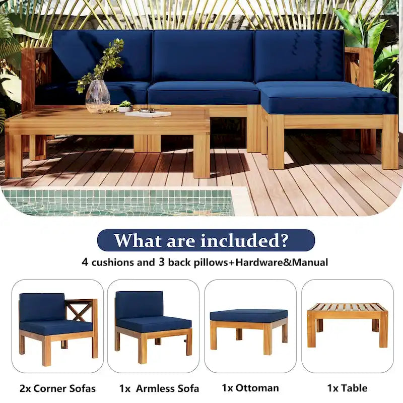Outdoor Wood Sectional Sofa Set with Cushions