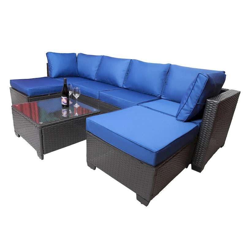 Black+Dark Blue 7-piece Outdoor Garden Patio Sofa Sets with Coffee Table, Rust-Resistant Metal Frame
