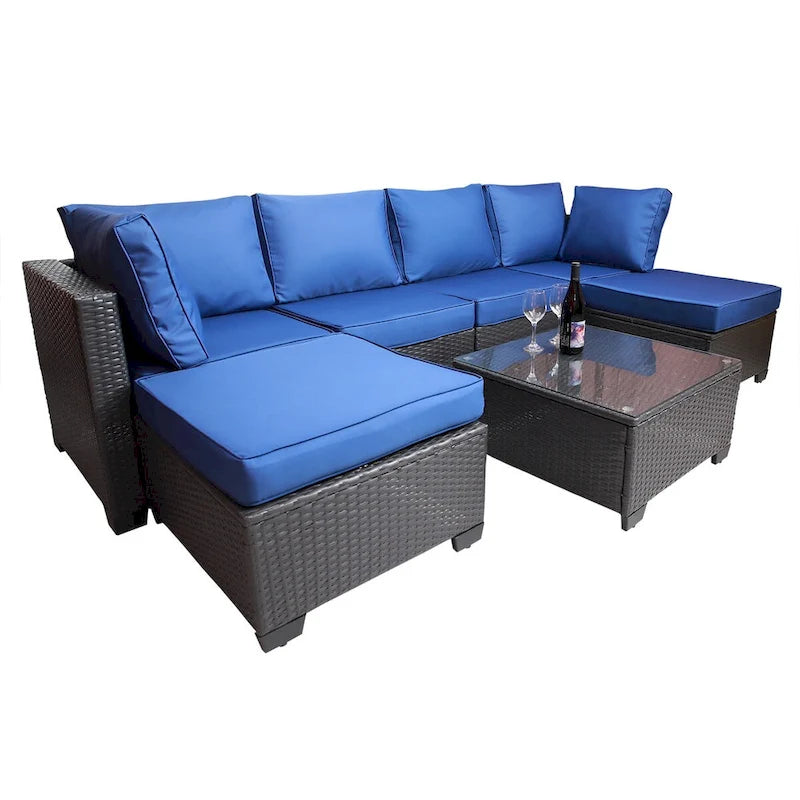 Black+Dark Blue 7-piece Outdoor Garden Patio Sofa Sets with Coffee Table, Rust-Resistant Metal Frame