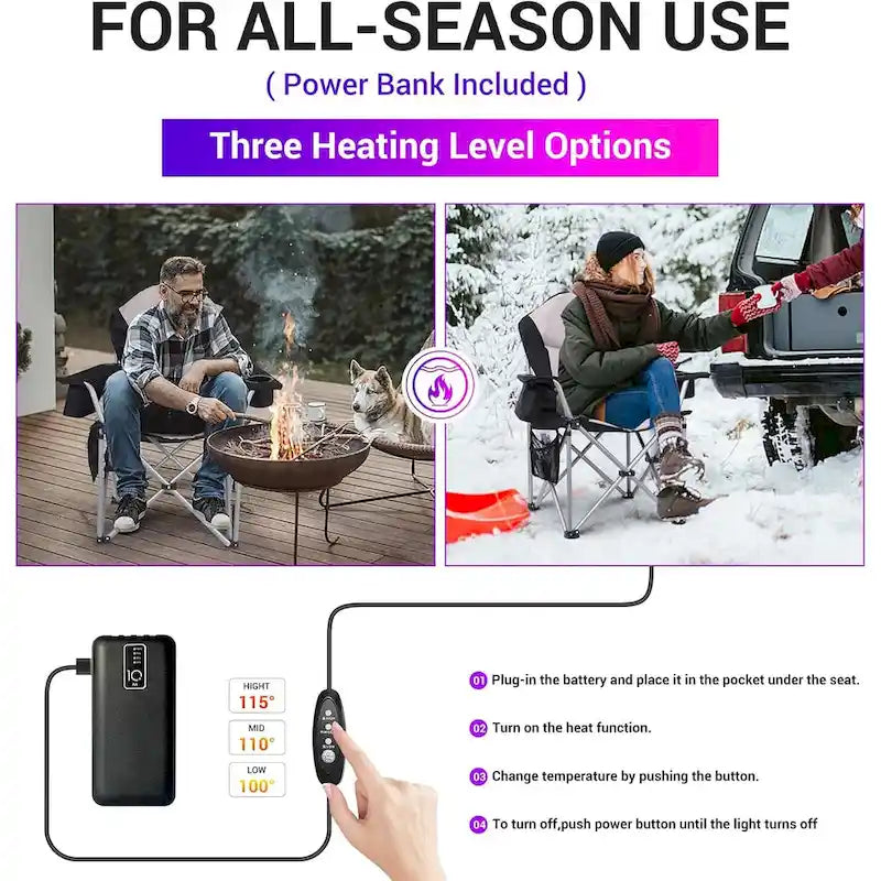 Heated Camping Chair, Heated Chair, Ski Chair, Folding Chair, Extra Wide & Thick Padding, Heavy Duty with Cooler