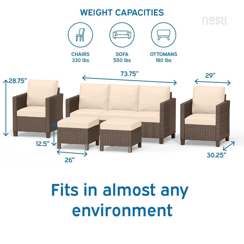 Nestl 5 Piece Wicker Patio Conversation Set - Outdoor Patio Sectional Furniture Set