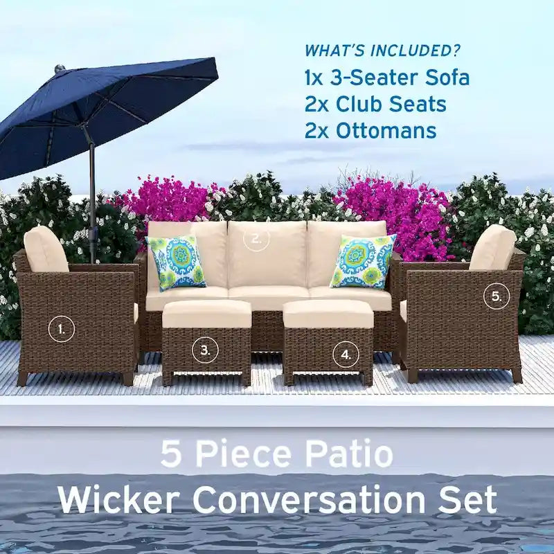 Nestl 5 Piece Wicker Patio Conversation Set - Outdoor Patio Sectional Furniture Set