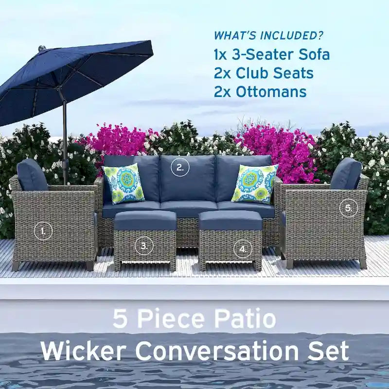 Nestl 5 Piece Wicker Patio Conversation Set - Outdoor Patio Sectional Furniture Set