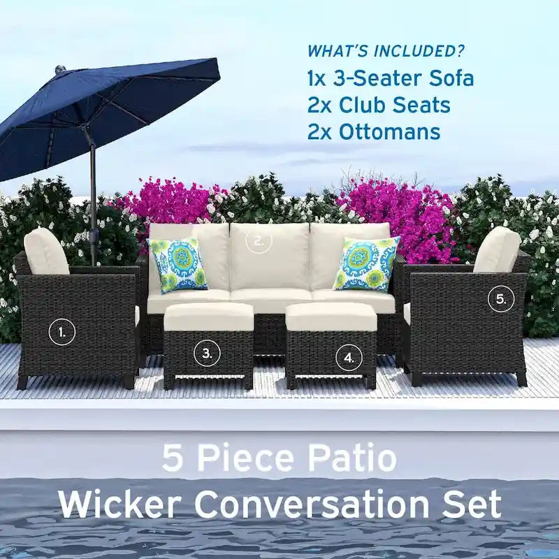 Nestl 5 Piece Wicker Patio Conversation Set - Outdoor Patio Sectional Furniture Set