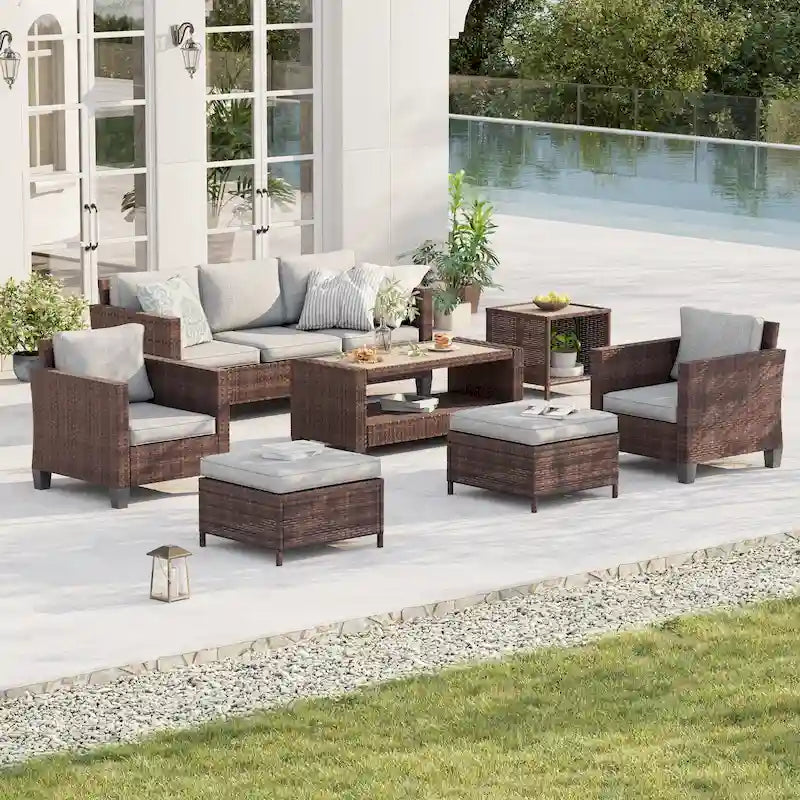 BONOSUKI Patio 7Pcs Furniture Conversation Brown Rattan 2 Side Tables