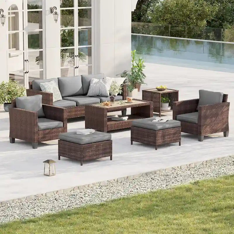 BONOSUKI Patio 7Pcs Furniture Conversation Brown Rattan 2 Side Tables