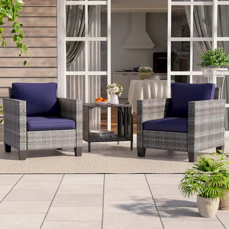 BONOSUKI 3-Piece Patio Sofa Set Grey Rattan with Side Table