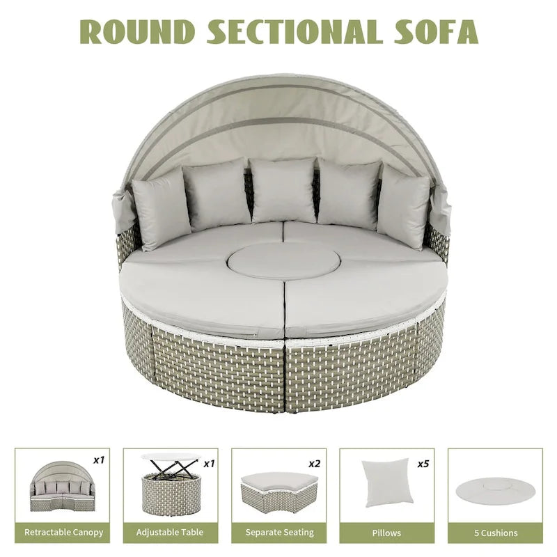 6PCS Patio Furniture Round, Outdoor Sectional Sofa Set with Retractable Canopy, Separate Seating and Removable Cushion