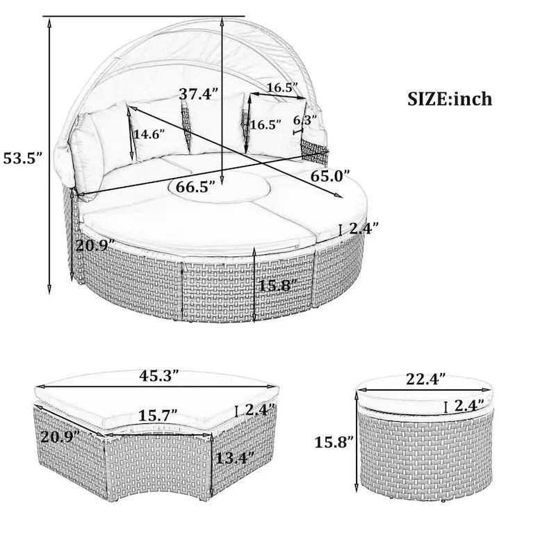 6PCS Patio Furniture Round, Outdoor Sectional Sofa Set with Retractable Canopy, Separate Seating and Removable Cushion