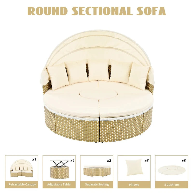 6PCS Patio Furniture Round, Outdoor Sectional Sofa Set with Retractable Canopy, Separate Seating and Removable Cushion