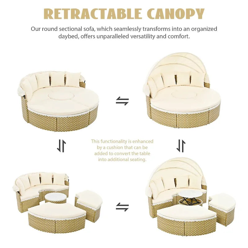6PCS Patio Furniture Round, Outdoor Sectional Sofa Set with Retractable Canopy, Separate Seating and Removable Cushion