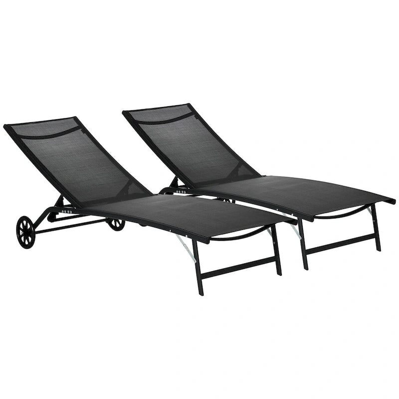 Outsunny Outdoor Chaise Lounge, 2 Piece Lounge Chair with Wheels, Tanning Chair with 5 Adjustable Positions