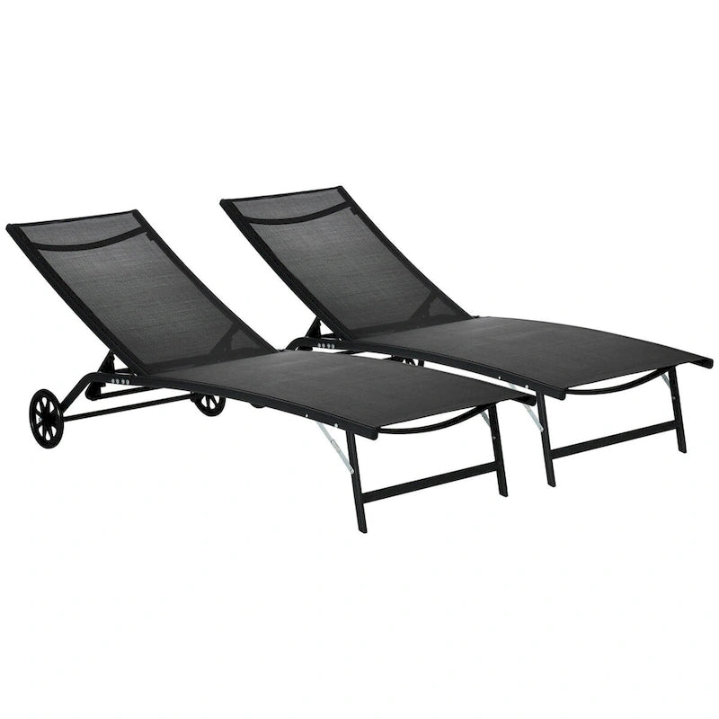 Outsunny Outdoor Chaise Lounge, 2 Piece Lounge Chair with Wheels, Tanning Chair with 5 Adjustable Positions