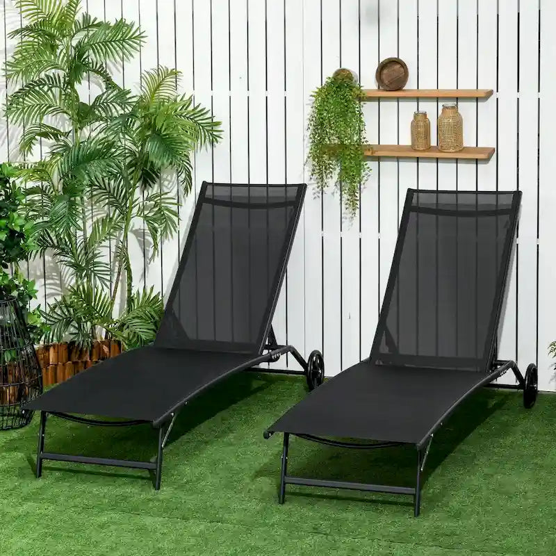 Outsunny Outdoor Chaise Lounge, 2 Piece Lounge Chair with Wheels, Tanning Chair with 5 Adjustable Positions