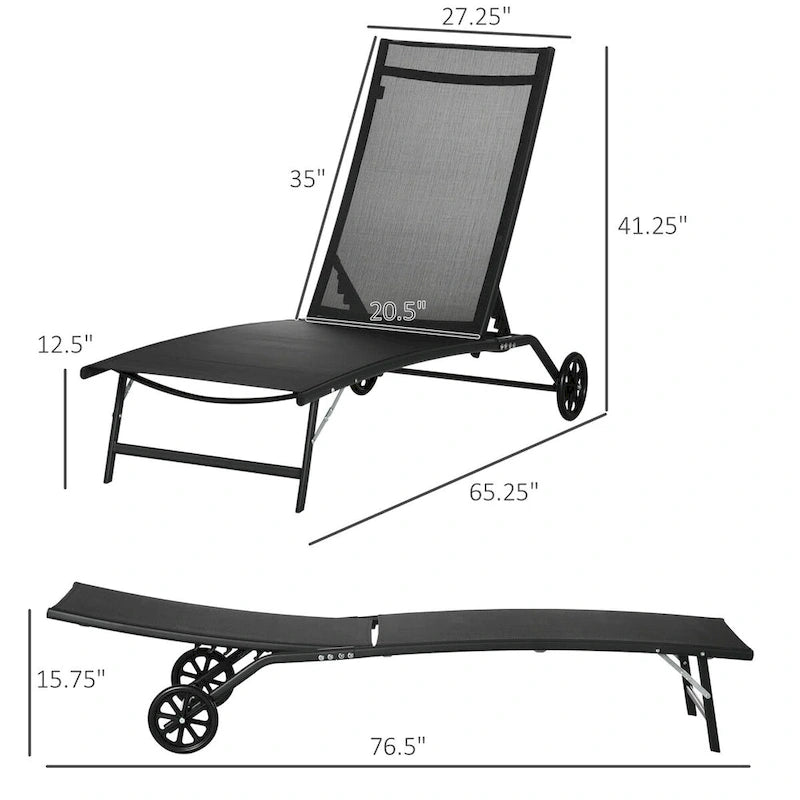 Outsunny Outdoor Chaise Lounge, 2 Piece Lounge Chair with Wheels, Tanning Chair with 5 Adjustable Positions