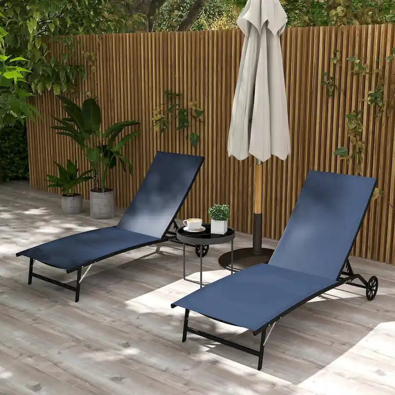 Outsunny Outdoor Chaise Lounge, 2 Piece Lounge Chair with Wheels, Tanning Chair with 5 Adjustable Positions