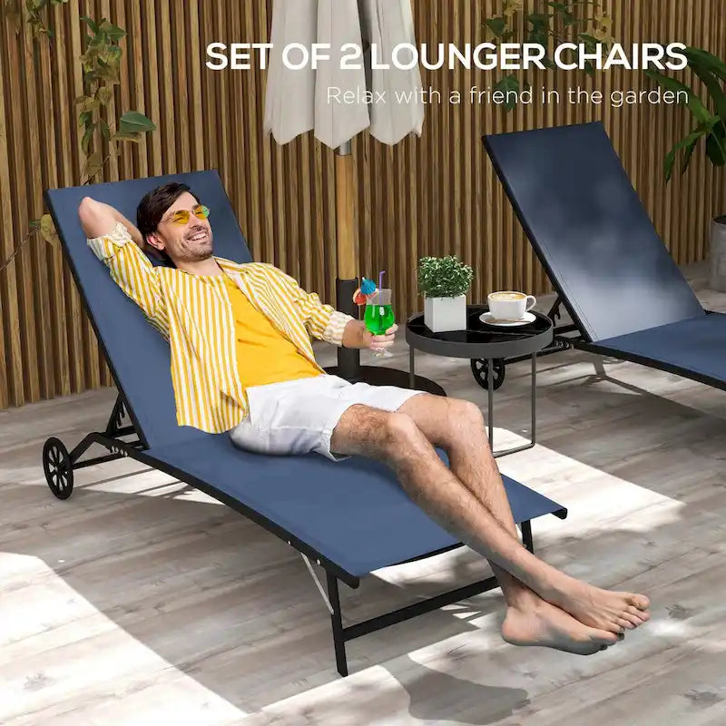 Outsunny Outdoor Chaise Lounge, 2 Piece Lounge Chair with Wheels, Tanning Chair with 5 Adjustable Positions