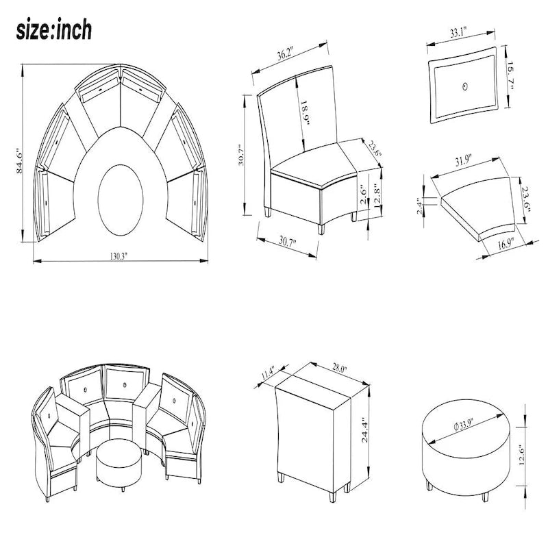 6-Person Garden Fan-shaped Rattan Suit Combination with Cushions and Table