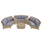 6-Person Garden Fan-shaped Rattan Suit Combination with Cushions and Table