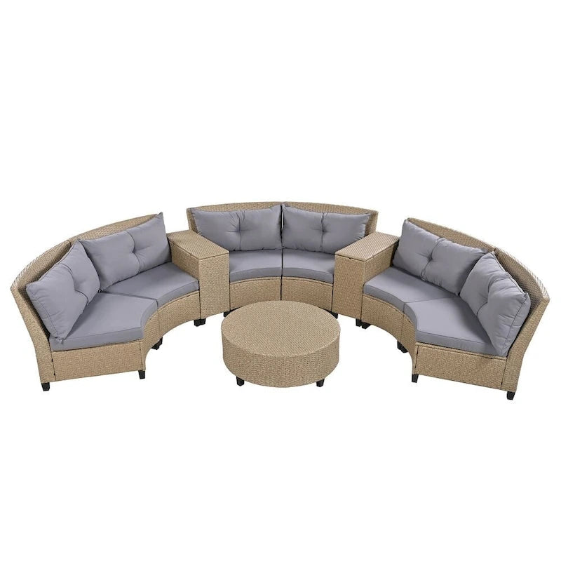 6-Person Garden Fan-shaped Rattan Suit Combination with Cushions and Table